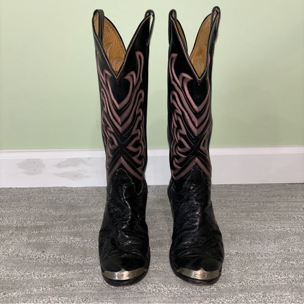 VTG Tony Lama Black Embroidered Eel Skin Leather Metal Cowboy Boots Men’s Sz 9 D - Picture 4 of 11